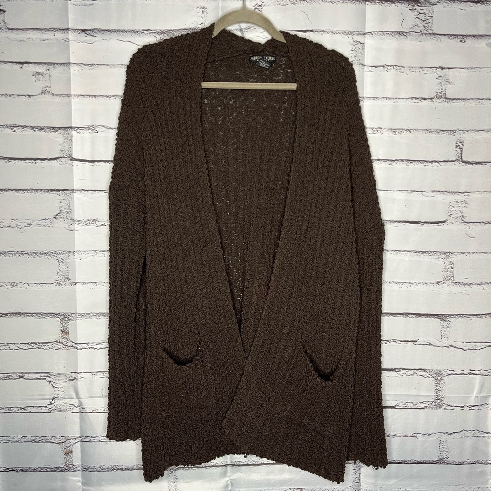 Cozy Brown Knitted Cardigan Sweater With Pockets SZ S Lightweight Designer Top